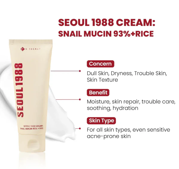 SEOUL 1988 Cream: Snail Mucin 93% + Rice - Ενυδατική κρέμα με έκκριμα σαλιγκαριού - Image 2