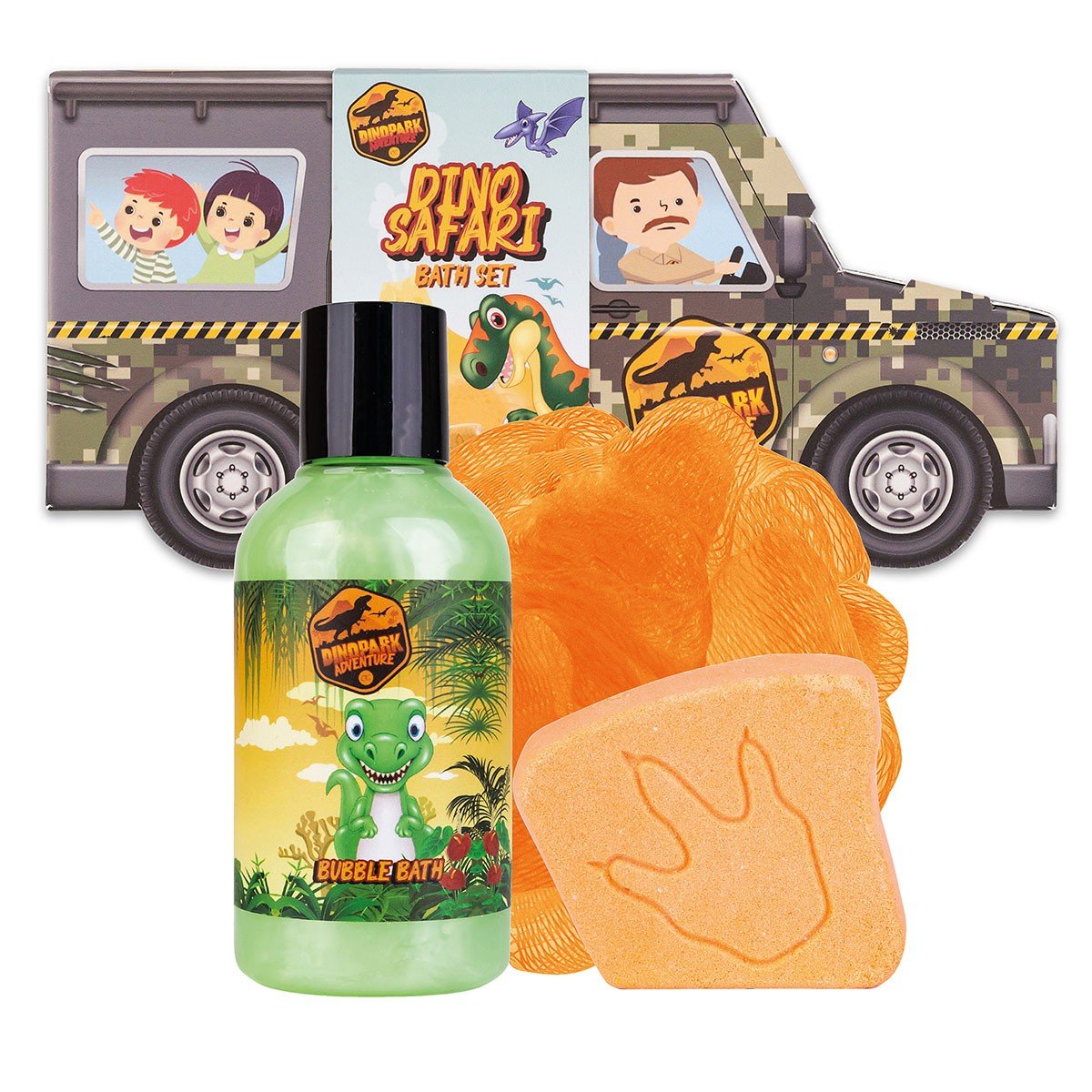 Σετ μπάνιου σε SUV κουτί με αφρόλουτρο 150ml, bath fizzer & σφουγγάρι, Dinopark - Accentra